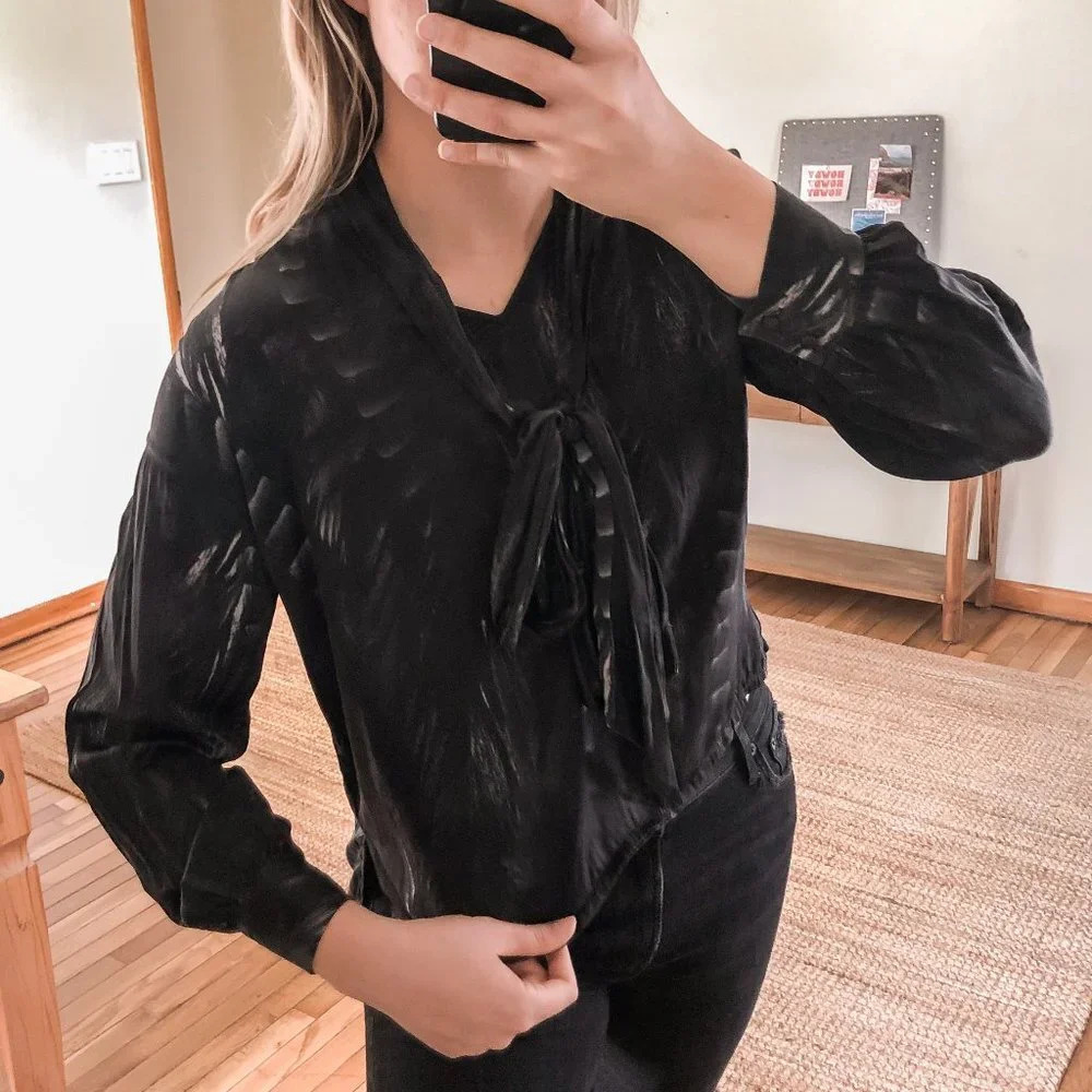 All Saints Cesey Viola Bow Silk Blend Patterned Black Classic Top Blouse 2